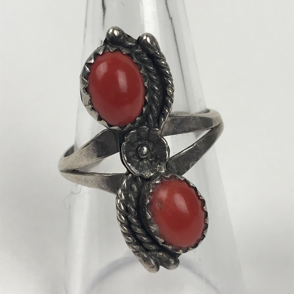 Coral Squash Blossom Flower Sterling Silver Ring